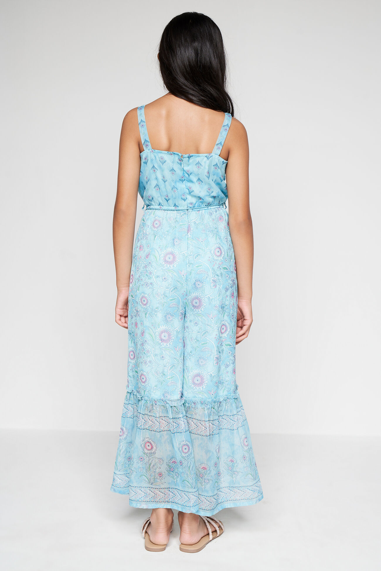 Aqua Floral Tassel Fit And Flare Jumpsuit, Aqua, image 4
